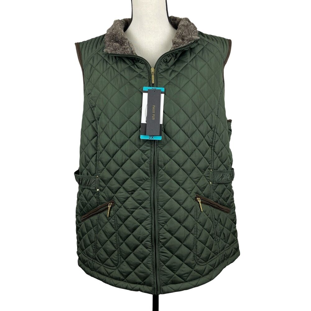 Weatherproof Women’s Quilted Vest 2X Green Faux Fur Lined Zip Up Sleeveless
